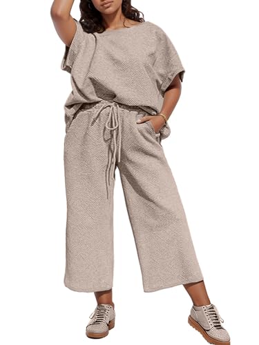 UOUA Womens Plus Size Sweatsuit 2 Piece Outfits Summer Short Sleeve Tops Wide Leg Pants Tracksuit Lounge Sets