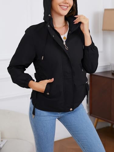 MODFUL Damen Leichte Windjacke mit Kapuze, Packbare Jacke mit Taschen für Frühling, Sommer und Herbst (Schwarz, M)