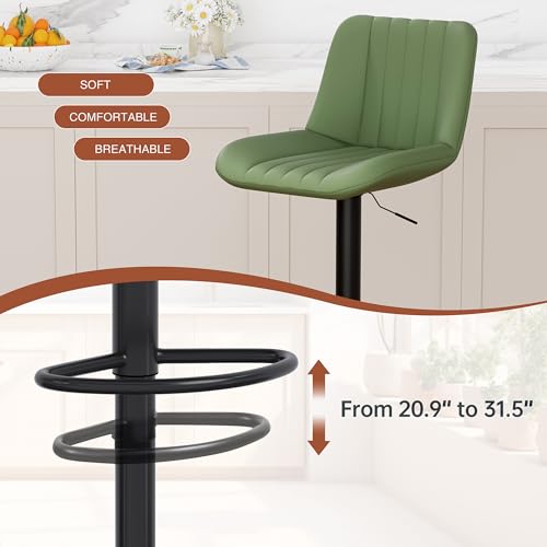 Image of JAMFLY Modern Leather Bar Stools - Swivel & Height-Adjustable Bar Chairs with Footrest, Ergonomic Design for Kitchen Island, Home & Commercial Bar - Set of 2, Green