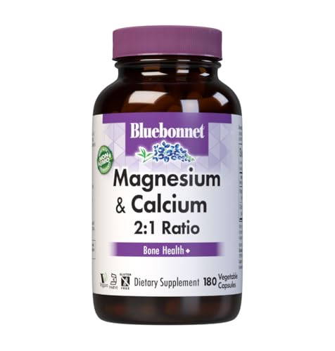 Bluebonnet Nutrition Magnesium & Calcium 2:1 Ratio, Bone Health*, Non-GMO, Vegan, Kosher Certified, Gluten-Free, Soy-Free, Dairy-Free, 180 Vegetable Capsules, 60 Servings