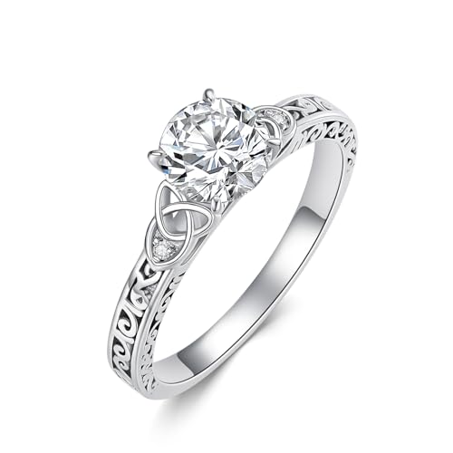 Celtic Knot Engagement Rings for Women Center 1CT Round Cut Moissanite Ring Platinum Plated Silver Vintage Moissanite Engagement Ring for Her2