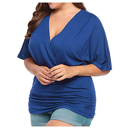 Women's T-Shirts Women V Neck Roll up Sleeve Button Down Blouses Tops Tunic Tshirts Women Blue B