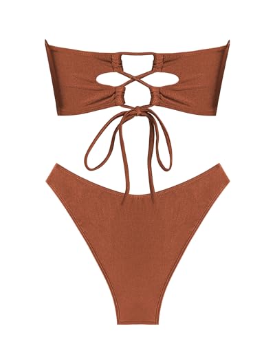 ZAFUL Womens Bandeau Bikini Set Metallic Sparkly O Ring Lace Up Tie Side High Cut Tanga Sexy Bathing Suit Swimwear3