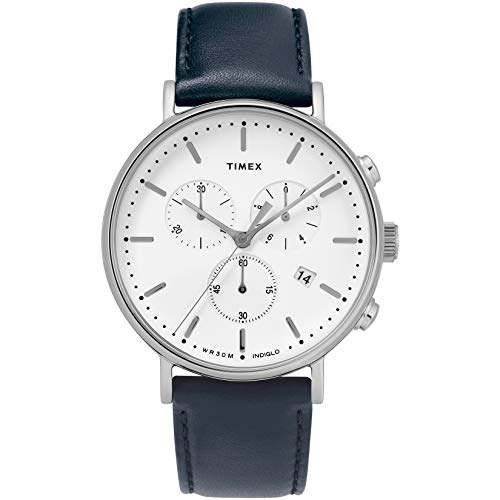 Timex Men's Fairfield Chrono 41mm Watch  Silver-Tone & White with Navy Genuine Leather Strap