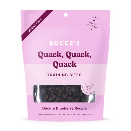 Bocce's Bakery Quack, Quack, Quack Training Treats for Dogs, Wheat-Free Dog Treats, Made with Real Ingredients, Baked in The USA, Natural & Low Calorie Training Bites, Duck & Blueberry, 6 oz