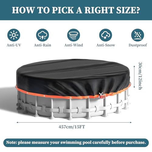 Pauwer Round Pool Cover 15Ft, Pool Covers for Above Ground Pools, Oxford Fabric Winter Pool Cover, Heavy Duty Swimming Pool Solar Cover, Waterproof and Dustproof Hot Tub Cover Protector, Black - Thumbnail 2