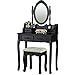 mecor Vanity Table Set/Oval Mirror, 4 Drawer Storage, Black Wood Makeup Table with Cushioned Stool