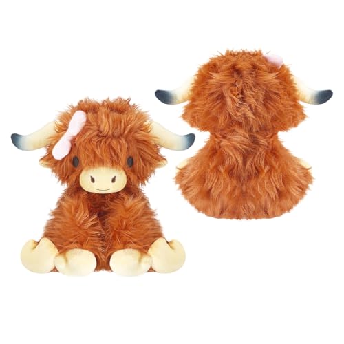 Image of Seenelling Pink Bow Highland Cow Stuffed Animal with Cute Bow Plush Fluffy Farm Highland Cow Toy Christmas Plushes Gifts for Kids Baby Girls Boys