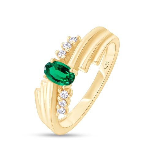 AFFY 6X4MM Oval Shape Simulated Birthstone and Round Natural Diamond Engagement Ring In 14K Yellow Gold Over 925 Sterling Silver4