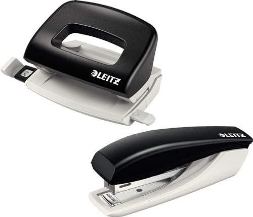 Leitz Mini Büro Locher aus Metall im Bundle mit Mini-Heftgerät, jeweils für 10 Blatt, Anschlagschiene mit Formatangaben, Ergonomisches Design, schwarz