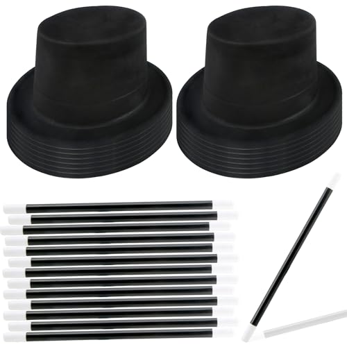 Skyebed 14 Pcs Black Top Hats with 14 Pcs Magician Wands Plastic Top Hats Magician Hat for Men Women Halloween Cosplay Party Accessories