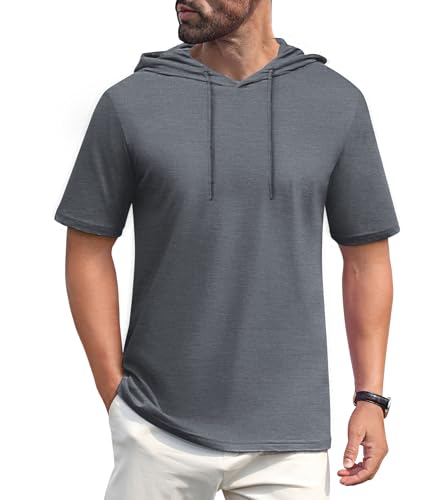 EKLENTSON Mens Hoodies Short Sleeve Lightweight Cotton Athletic T Shirt Breathable Workout Gym Pullover Hooded