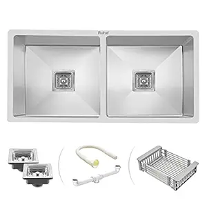 Ruhe Handmade Exclusive Double Bowl 37 x 18 x 10 inches Kitchen Sink | Premium Stainless Steel Sink with Brushed Matte Finish | Including Strainer-Basket/Sink Coupling/Waste Pipe Grey