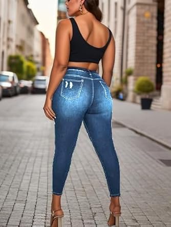 Plus Size Women's Distressed Ripped Denim Jeans, High Waist Skinny Fit