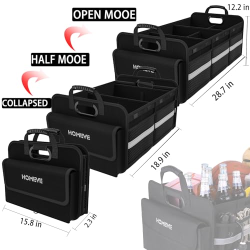 Image of Homeve Trunk Organizer, Car Storage, Reinforced Handles, Collapsible Multi-Compartment, Foldable, Waterproof, Sturdy, 600D Oxford Polyester For Car, SUV, Mini-Van, Black, 3 Compart