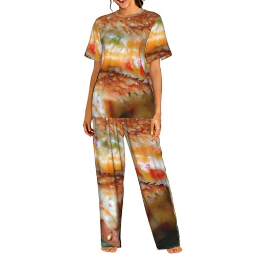 Pyjama léger femme manches courtes à motif sandwich fromage au tissu fluide
