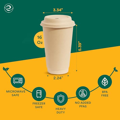 ECO SOUL 100 Pack 16 oz Disposable Coffee Cups with Lids Eco-Friendly, Biodegradable, Compostable, Leak-free & Sturdy To Go Hot Drink Cup for Tea, Chocolate Party Travel Cafe Office & Home
