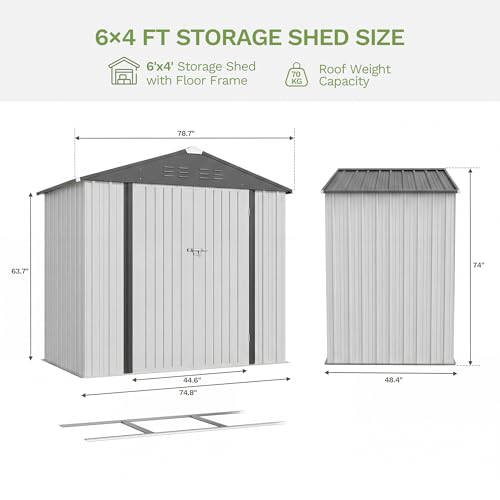 Image of Devoko 6 x 4 FT Storage Sheds with Floor Frame, Waterproof Garden Tool Shed with Lockable Door, Outdoor Metal Utility Shed for Backyard Patio Lawn, White