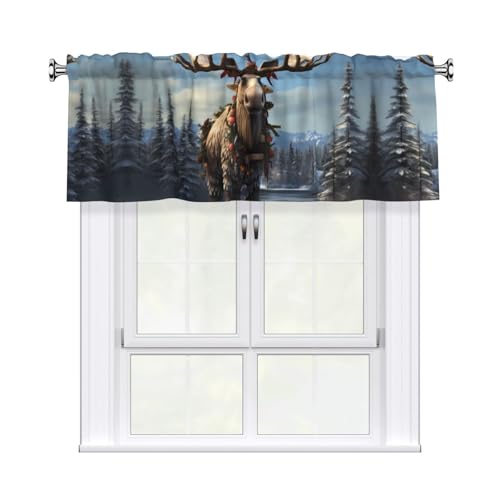 WHJSHOP Divertidas cortinas cortas con estampado de alce navideño con cenefa de 137 x 45 cm, filtran la luz, fácil instalación para cocina, baño, lavandería, estudio