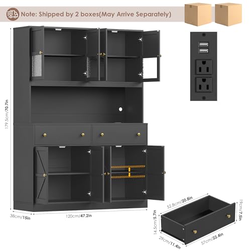 Image of FINETONES 71 inch Pantry Cabinet with LED Light and Charging Station, Farmhouse Kitchen Pantry Cabinet with Microwave Stand, 47.2 inch Wide Kitchen Hutch Food Pantry with Open Countertop, Black