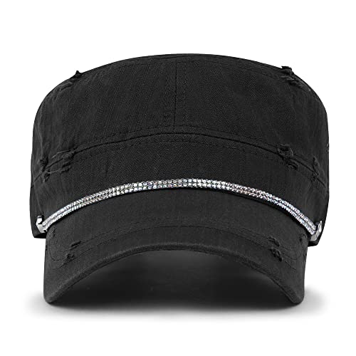 Image of ililily Crystal Gemstone Stud Flower Vintage Cotton Military Army Hat Cadet Cap