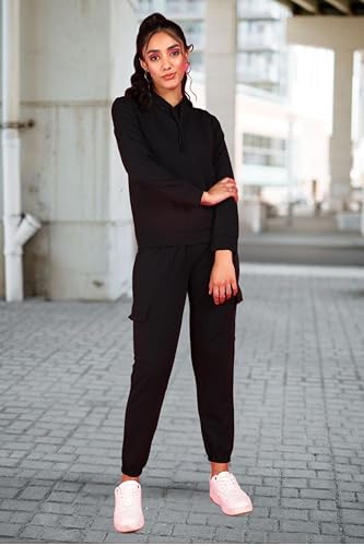 Image of POPWINGS Casual Self Design Solid Sweatshirt and Joggers Co-Ords Set for Women | Trendy Stylish Top and Bottom Set for Women | Women Hooded Sweatshirt and Joggers Set | Women Co Ords Set Summer Wear