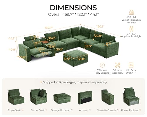 Image of 169.7 inch Oversized Modular Power Recliner Sofa with Headrest, Wall Hugger Cloud Reclining Couch, Drawer Charging Cup Holders, Deep 7-Seater Sectional with Corner and Storage Ottoman, Chenille, Green