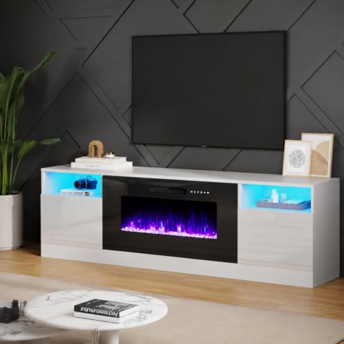 Image of AMERLIFE TV Stand with Fireplace, LED Light Entertainment Center with 36 inch Electric Fireplace, 70 inch Modern Wood Entertainment Stand with Highlight Storage Cabinet for TVs up to 80 inch, White & Black