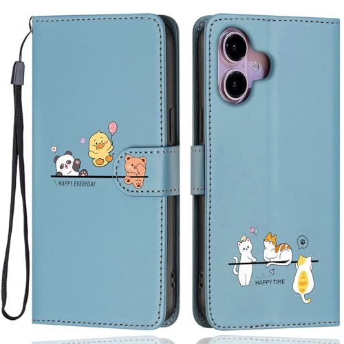 Aisenth Funda para iP 16, diseño de oso lindo, gato, panda, pato, koala, piel sintética, tipo cartera, a prueba de golpes, magnética, con soporte, tarjetero, color azul mate