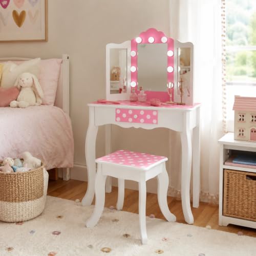 Image of Teamson Kids - Fashion Polka Dot Prints Gisele Play Vanity Set with LED Lights - Pink /White | For Girls, Makeup Table with Stool and Drawer, Pretend Beauty Toy Furniture, For Toddlers and Children