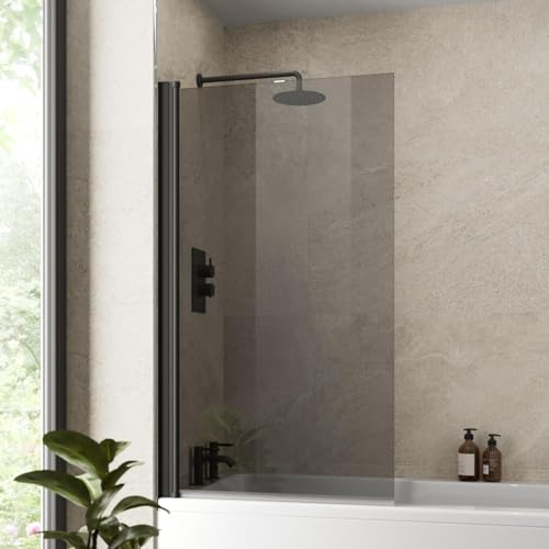 800 x 1400mm Black Tinted Over Bath Shower Screen Folding Hinged Door Glass Panels & Screens for Baths, Bathroom Frameless Square Design, 6mm Toughened Safety Glass, 180° Pivot