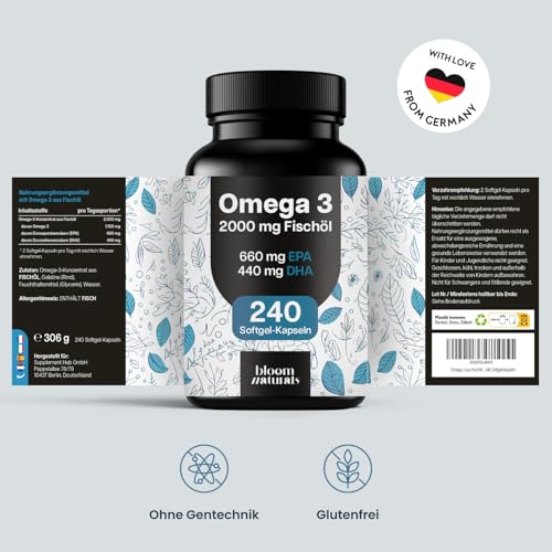 Omega 3 Kapseln hochdosiert 2000mg Fischöl - 240 Softgel-Kapseln - davon 660 mg EPA und 440 mg DHA - Unterstützt die Gesundheit von Herz, Gehirn und Augen* - Produziert in Deutschland 6