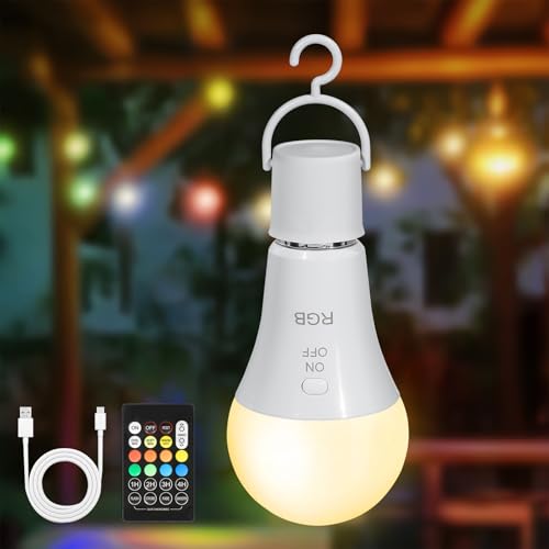 Kimjo Ampoule E27 Led, RGB Ampoule Rechargeable avec Telecommande Sans Fil Dimmable, 7W, 2000mAh, USB C Batterie LED avec Fonction de Timing