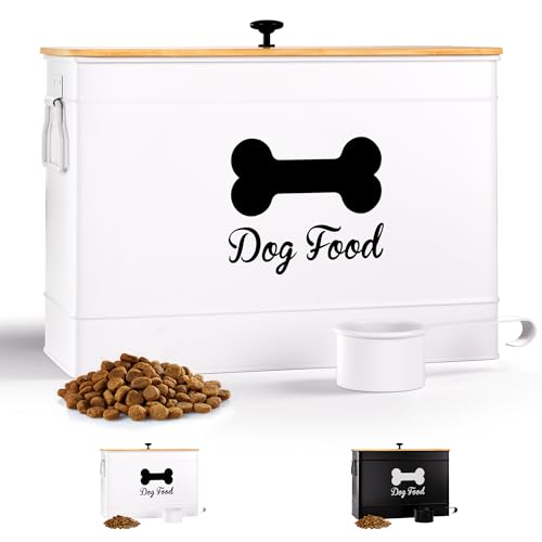 Dog Food Container Airtight 15 lb (50 Cup) Capacity with Metal Scoop - Cute Airtight Dog Food Storage Container with Bamboo Lid - White Metal Kibble Storage Bin for Dogs up to 100 lbs - Big Pet Jar