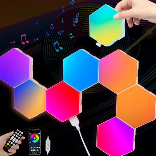 Image of Vcwtty Hexagon Lights Wall Panels, Smart LED Wall Lights with APP, DIY Modular Assembled Music Sync RGB Gaming, Hex Light with USB-Power for Autism, Game Room Decor, Party (6-Pack)