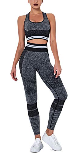 MAYZIA Exercise Outfits for Women 2 Pieces Seamless Yoga Outfits Sports Bra and Leggings Set Tracksuits 2 Piece (Black, L)