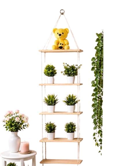 5-Tier Hanging Wall Shelf Wooden Rope Shelf for Living Room Bedroom Balcony Kitchen Plant Display Rack Wall Mounted Storage Organizer-image-41