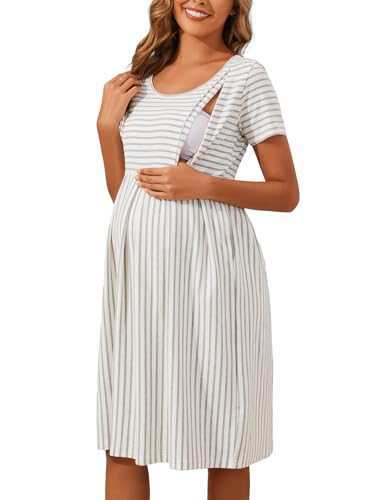 Image of Ecavus Women's Nursing Dress Short Sleeve Hidden Zipper Maternity Breastfeeding Dress with Pockets