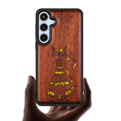Coque Galaxy S24 FE, cadeau idéal étui bois gravé chat tribal rosé