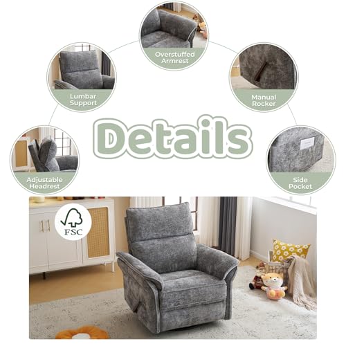 Image of Oversized Swivel Rocker Recliner with Adjustable Headrest, Rocking Chair Nursery with Overstuffed Armrest, Manual Rocker Recliner Nursery Chair for Living Room, Dark Grey