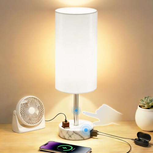 Image of Table Lamp, Dimmable Touch, AC Outlet, USB A+C (White&Marble) | 3-Way Dimmable, Small Touch Lamp with Eye-Care LED Bulb, Ideal Bright Lighting Bedside Lamps for Nightstand, Bedroom, Reading