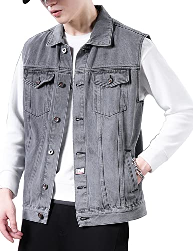 Perbai Men's Denim Vest Loose Button Down Sleeveless Jean Vest Jacket