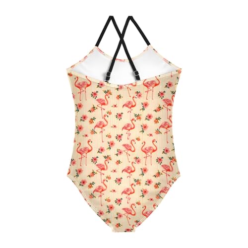 senya Girls Swimsuits One-Piece Swimwear Tie Bathing Suit Beach Summer Round Neck 9-10T Flamingos and Flowers On Striped2