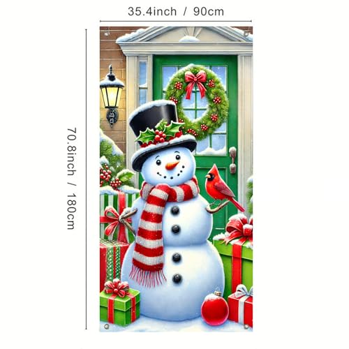 Image of BlissYard Snowman Christmas Door Banner 35x71 Inch Winter Holiday Front Door Decoration with Green Red Red Bird and Gifts for Indoor Outdoor Wall Welcome Snowflake Porch Display