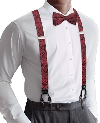 Image of YOHOWA Men Suspenders 6 Clips Strength Adjustable Y Braces Pre-Tied Bow Tie Set Formal Wedding Party