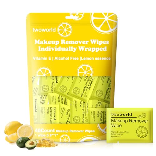 Makeup Remover Wipes Bulk Individually Wrapped,Travel Makeup Wipes Gentle for Face Cleansing Mascara Lipstick Travel Hotel(lemon,pack of 40)