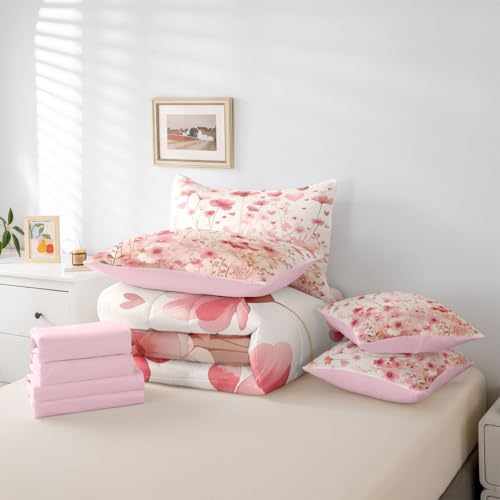 Image of Erosebridal Poppy Flowers 7 Pieces Bedding Set Pink Valentine Twin Comforter Set for Girls Kids Romantic Love Heart Shaped Bed in A Bag with Flat and Fitted Sheet Spring Floral Bed Set