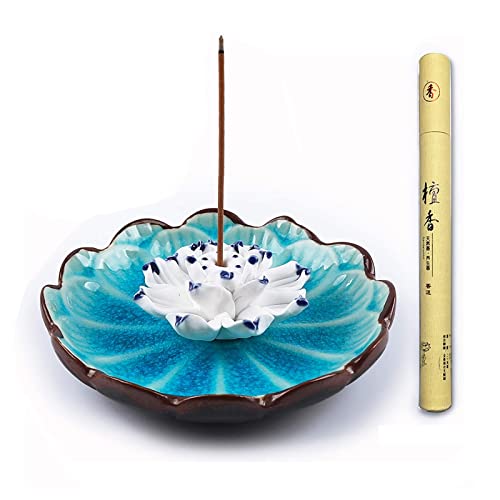 Incense Sticks & Ceramic Incense Holder Burner Flower 35pcs Natural Sandalwood Incense Sticks 1-Holes Incense Burner with Ash Catcher (1PCS - Blue Lotus Holder)