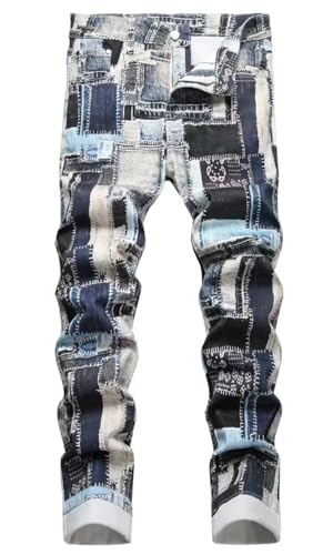 HENGAO Men's Patchwork Printed Jeans Stretch Slim Fit Skinny Jeans Casual Straight Leg Denim Pants