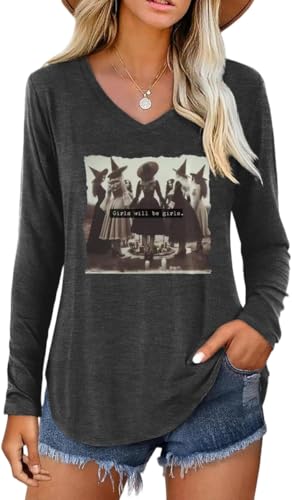 Women's Girls Will Be Girls Halloween Witches V Neck Shirts Sanderson Sisters Graphic Long Sleeve Tee Fall Hocus Pocus Tops(M,Dark Grey-06)